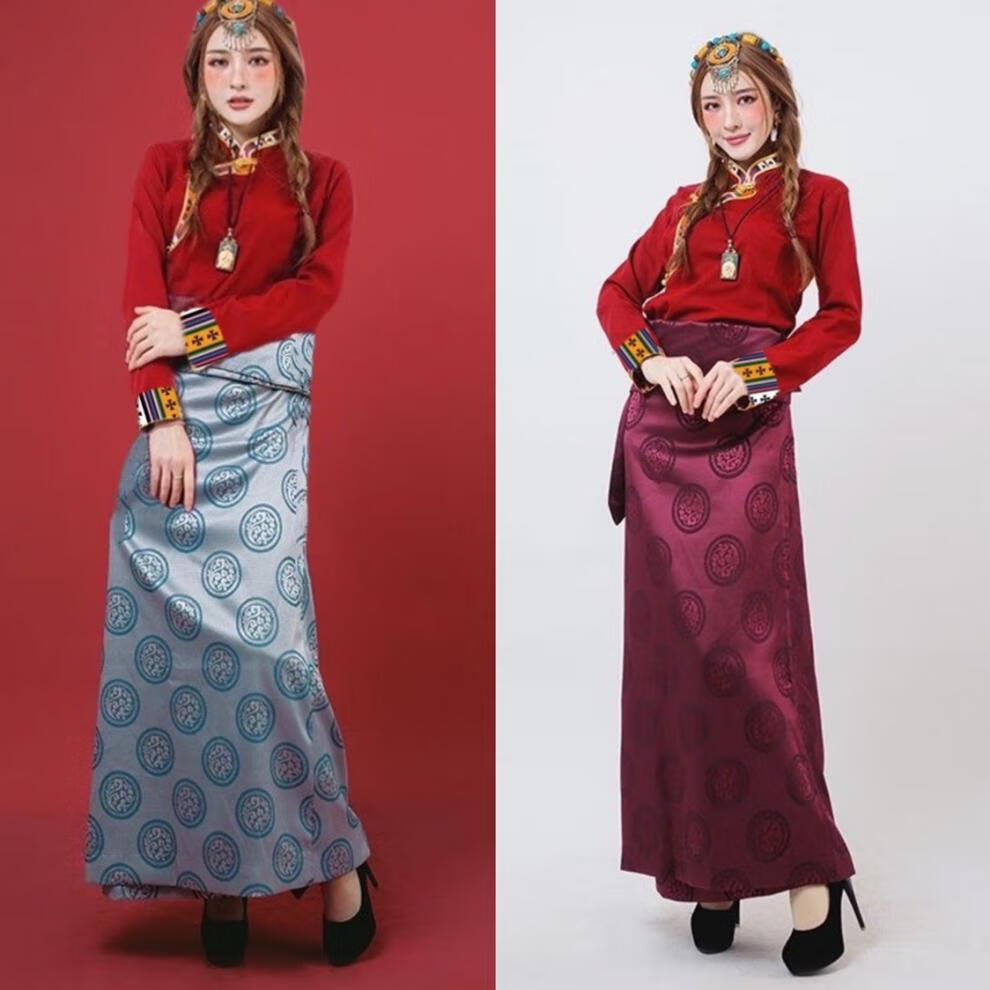 藏族服装女全套藏袍藏装女新款民族风半身裙藏式假一片式裹裙藏服围裙