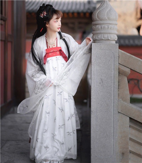 汉服女学生古装仙女裙宴山亭鹤归广袖齐胸襦裙清新淡雅大袖衫 鹤归