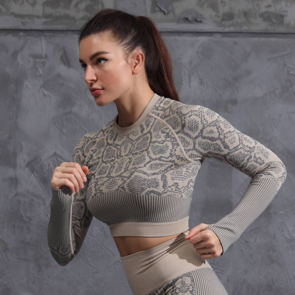 喻咖服女套装 秋冬欧美蛇纹瑜伽服无缝短款露脐健身长袖显瘦跑步运动