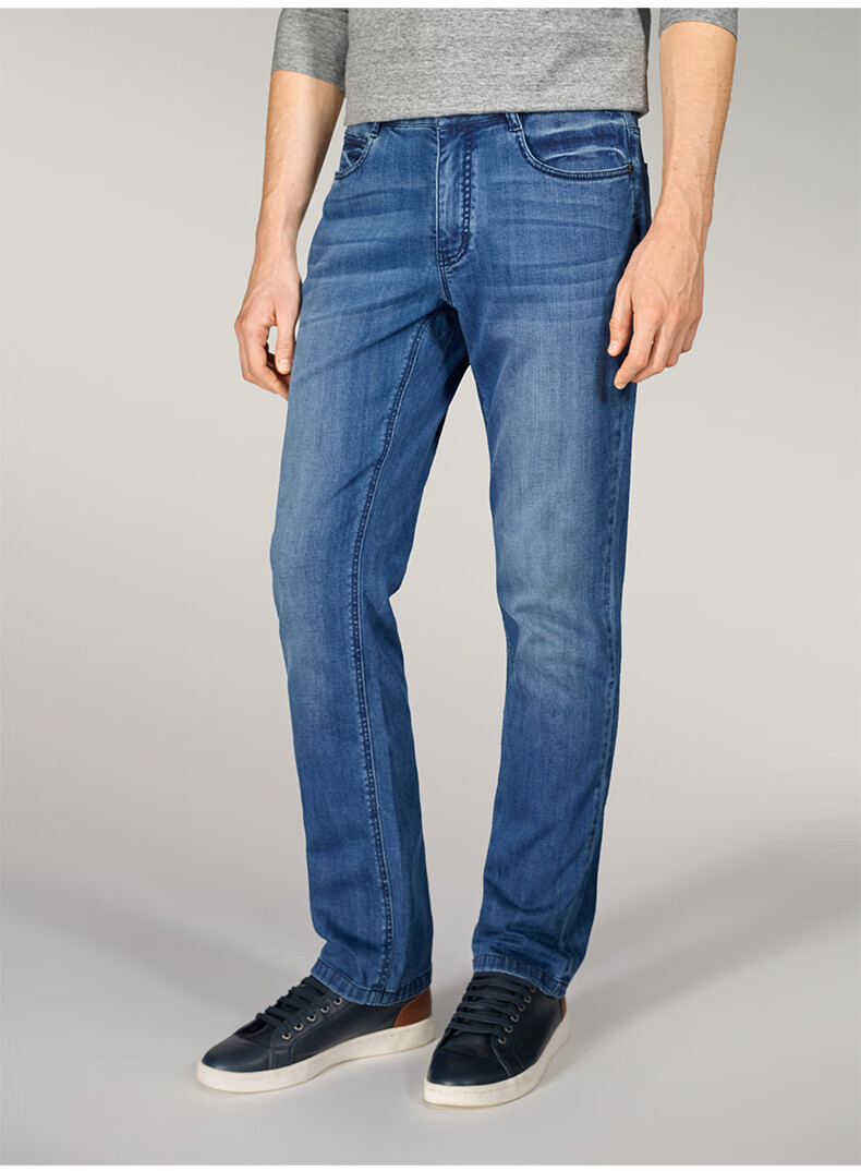 金利来官方直发男士猫须工艺 印花里布 时尚休闲牛仔裤裤子长裤 中蓝