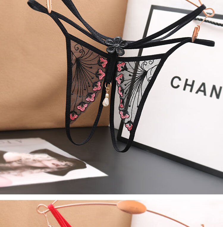 女珍珠透气网纱火辣性感镂空绣花内裤女开裆免脱珍珠诱惑女士丁字裤薄