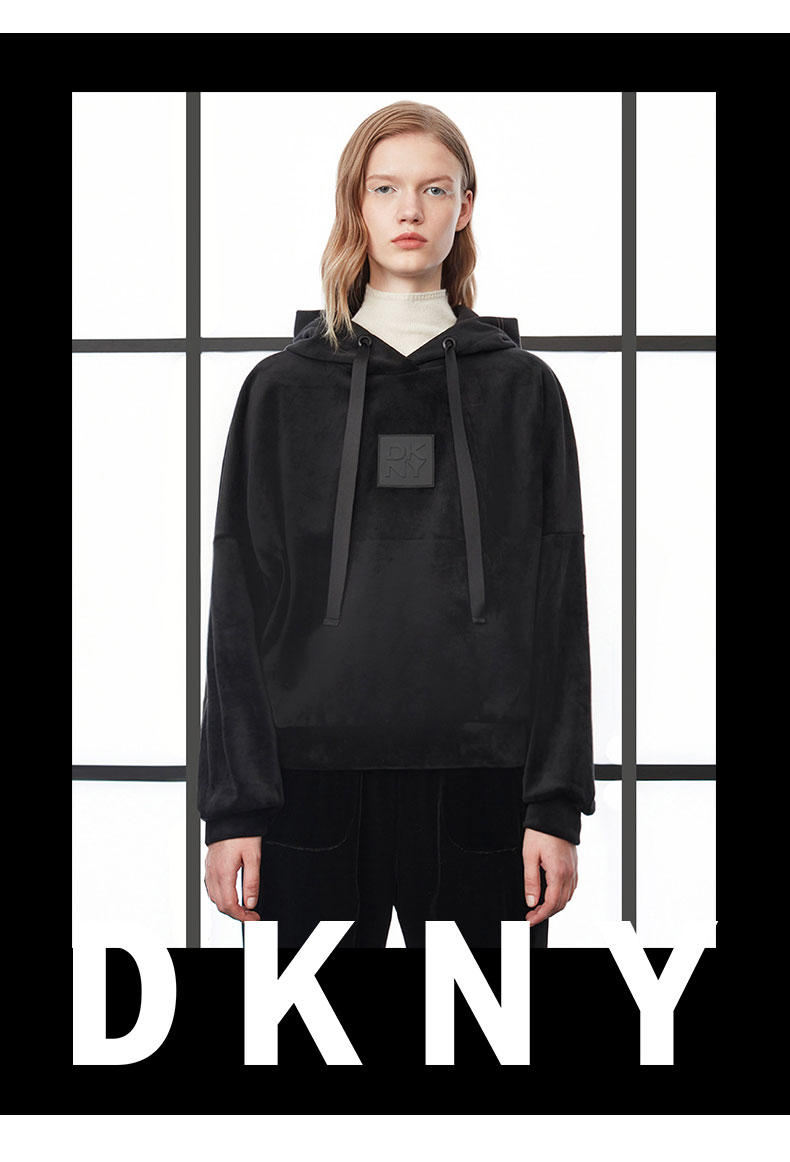 dkny唐可娜儿2021秋冬新款加厚丝绒logo标装饰连帽宽松卫衣女奢侈品