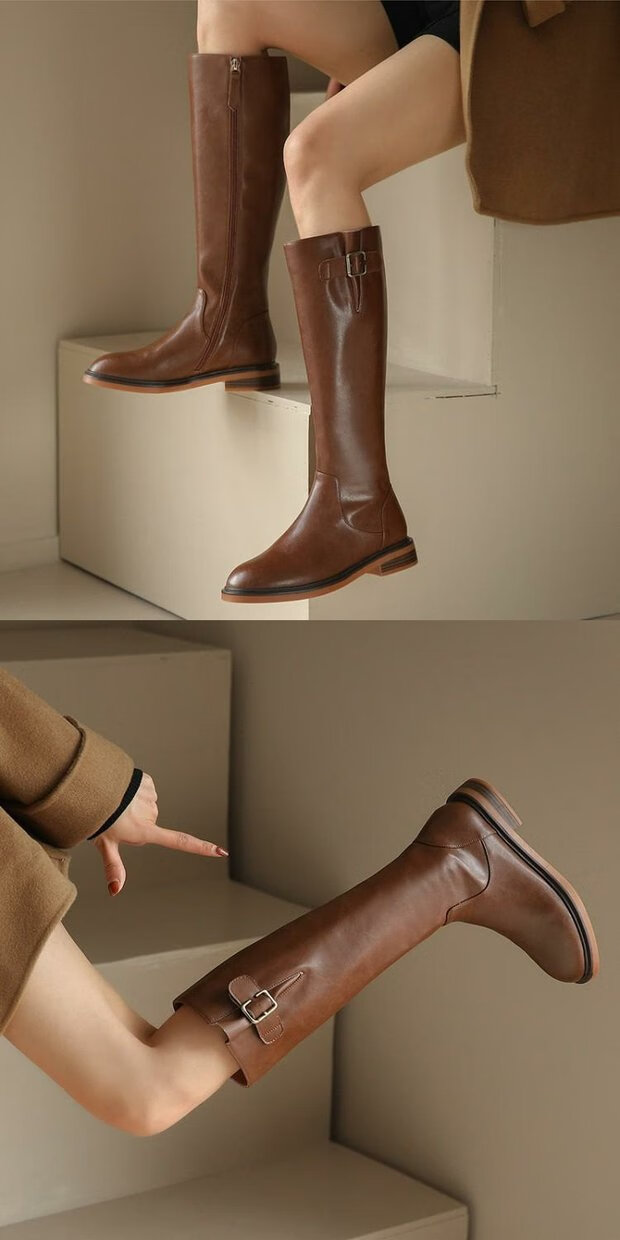 森马senma长筒靴女全真皮棕色长筒骑士靴2022秋冬加绒不过膝高筒靴女