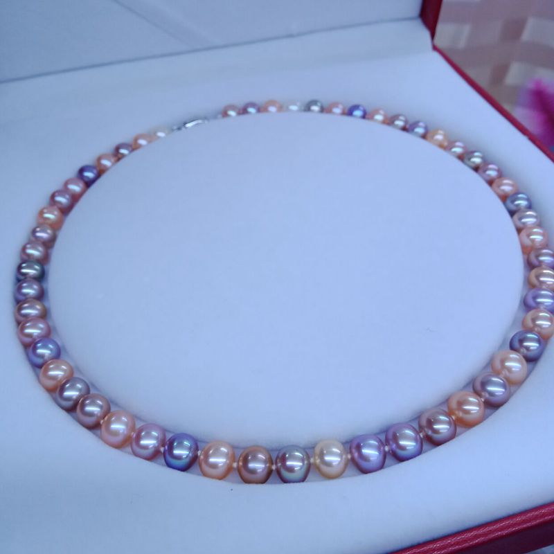 诗筠轻奢糖果色珍珠项链混彩色毛衣链淡水真妈妈婆婆混彩近圆镜面强光