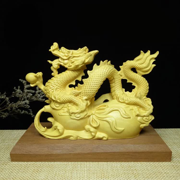 黄杨木雕龙木制实木雕刻绿色龙工艺品木头生肖五爪龙黄杨木龙款