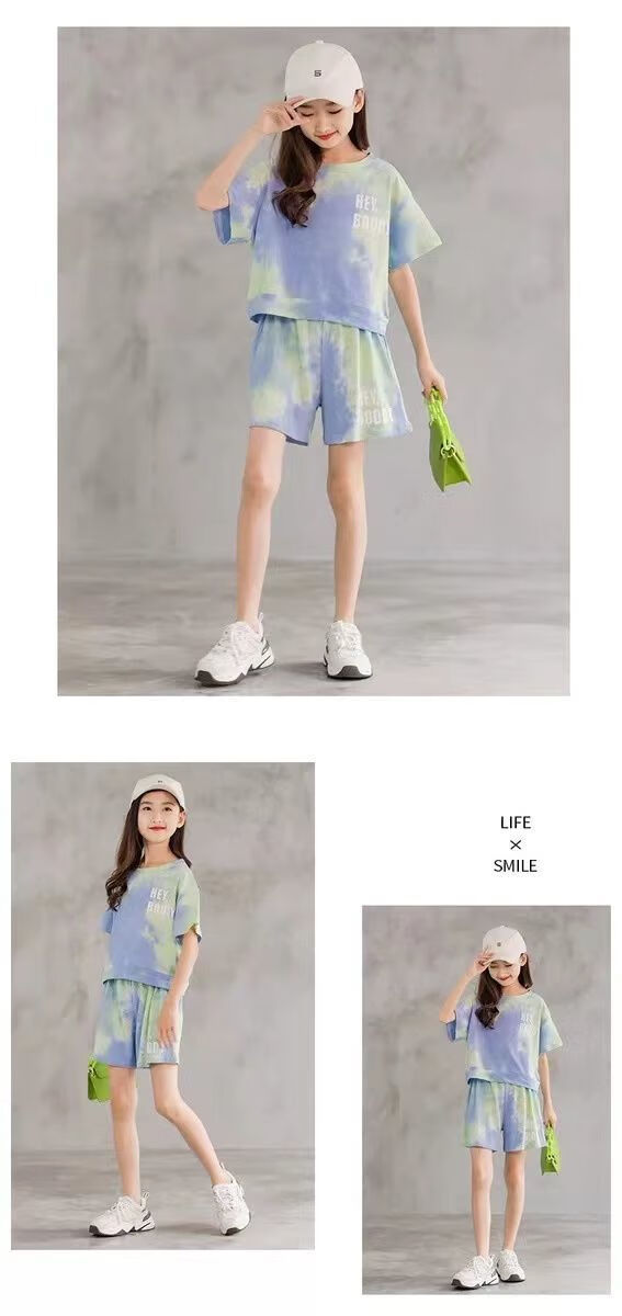 2022夏装新款网红女童套装韩版中大童小女孩短袖短裙两件套潮 紫色 衣服加裤子 120