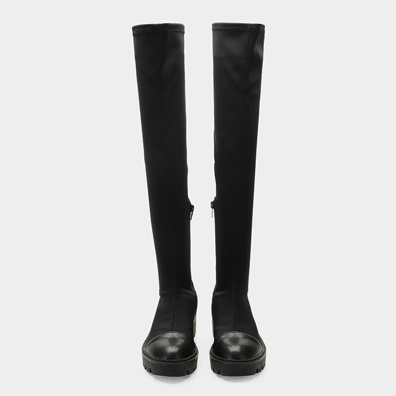 长靴女sw新款女鞋冬季沟纹鞋底平底靴子长靴弹力袜靴靴 黑色(单里) 40