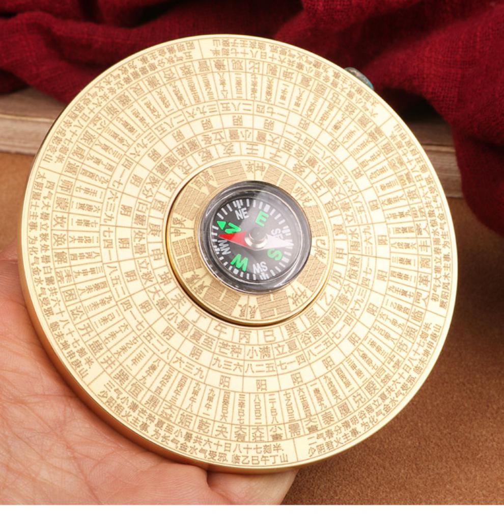 纯黄铜罗盘复古实心黄铜小罗盘随身携带太极八卦24节气风水盘手把件