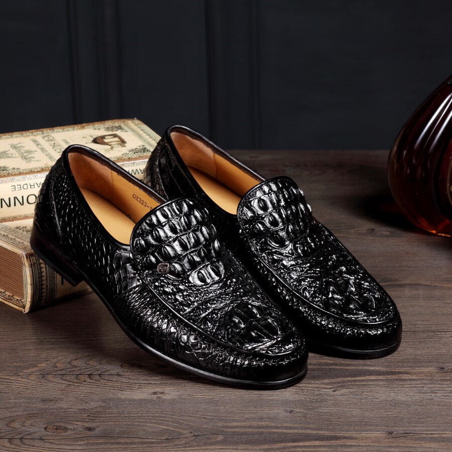 lecen高端品牌轻奢侈品男鞋高档男士商务休闲鳄鱼皮鞋男正装套脚