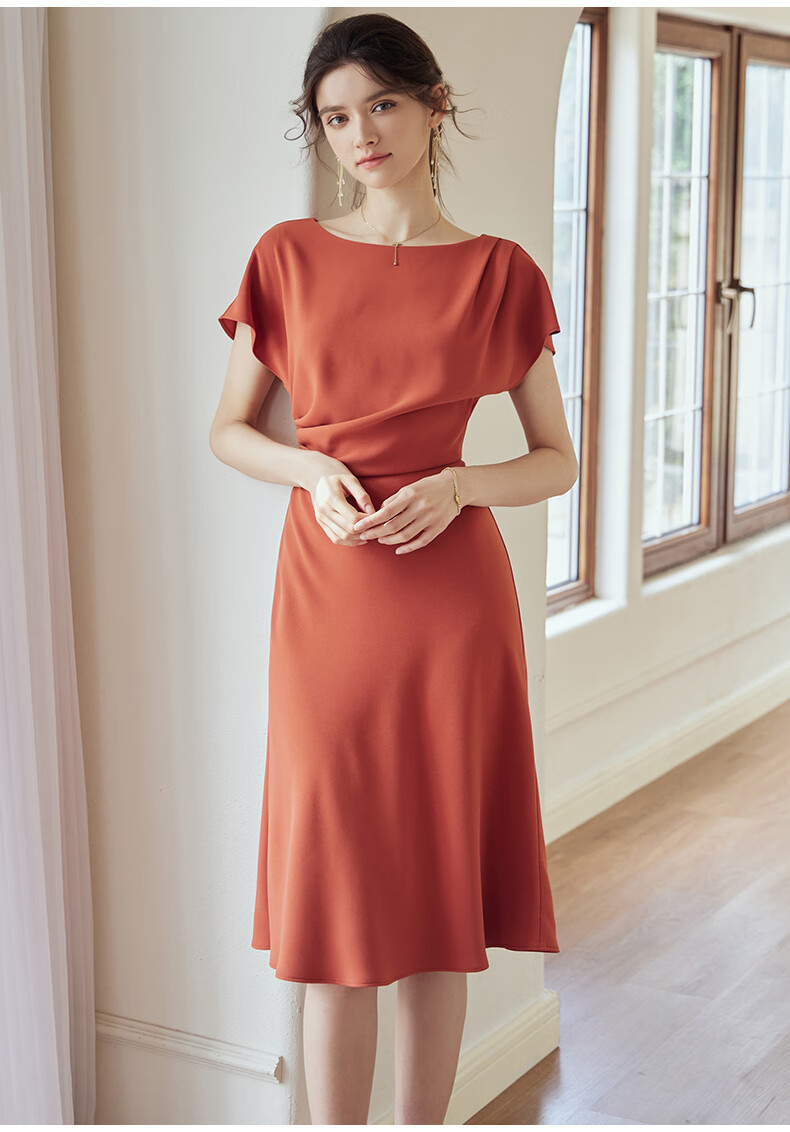 roeyshouse罗衣知性连衣裙女2022夏装新款气质蝙蝠袖褶皱大摆裙06560