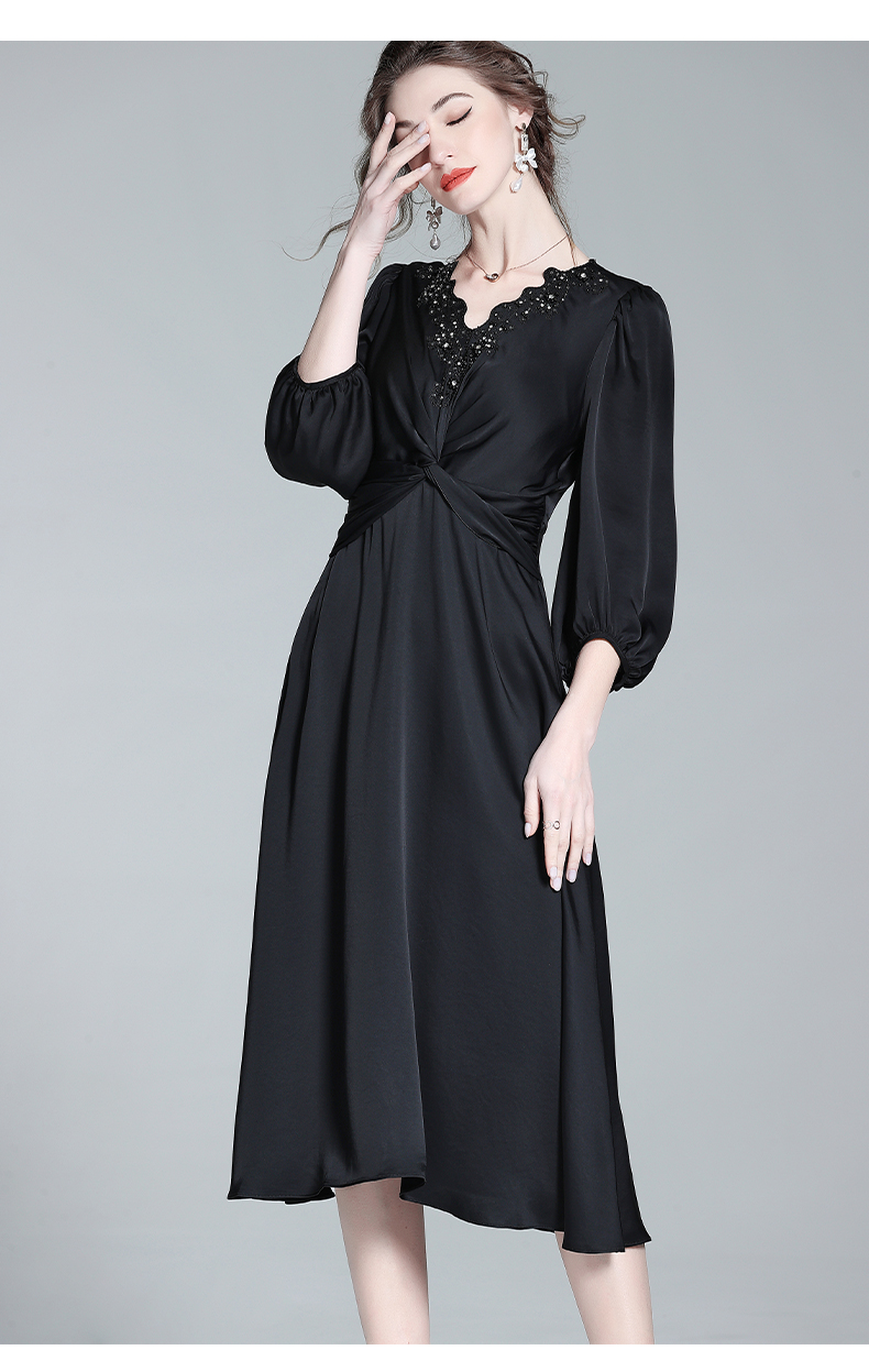 三醋酸连衣裙2022春季新款轻熟风收腰气质裙感女神范黑色长裙黑色s