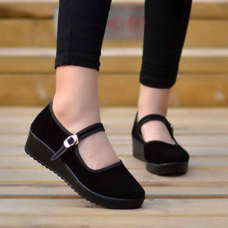 老北京女黑布鞋平绒一带酒店工作鞋礼仪鞋平跟软底妈妈鞋广场舞鞋黑色