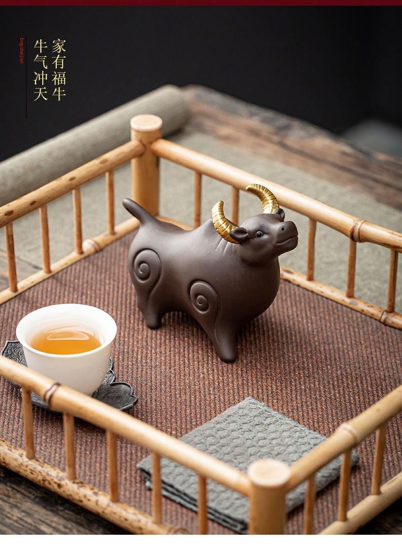 雅玥陶乡瓷色牛转乾坤牛气冲天摆件紫砂精品可养茶宠生肖礼品2