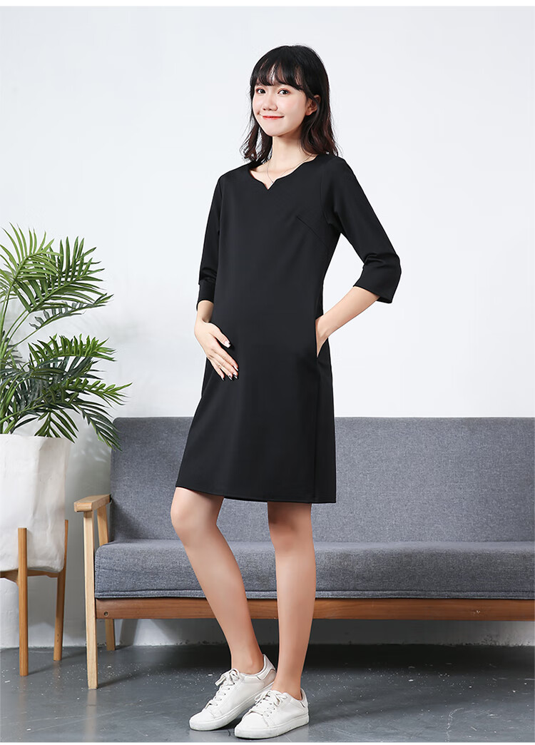 时慕语大肚婆休闲裙子孕妇职业连衣裙2021夏季新款辣妈时尚黑色短袖中