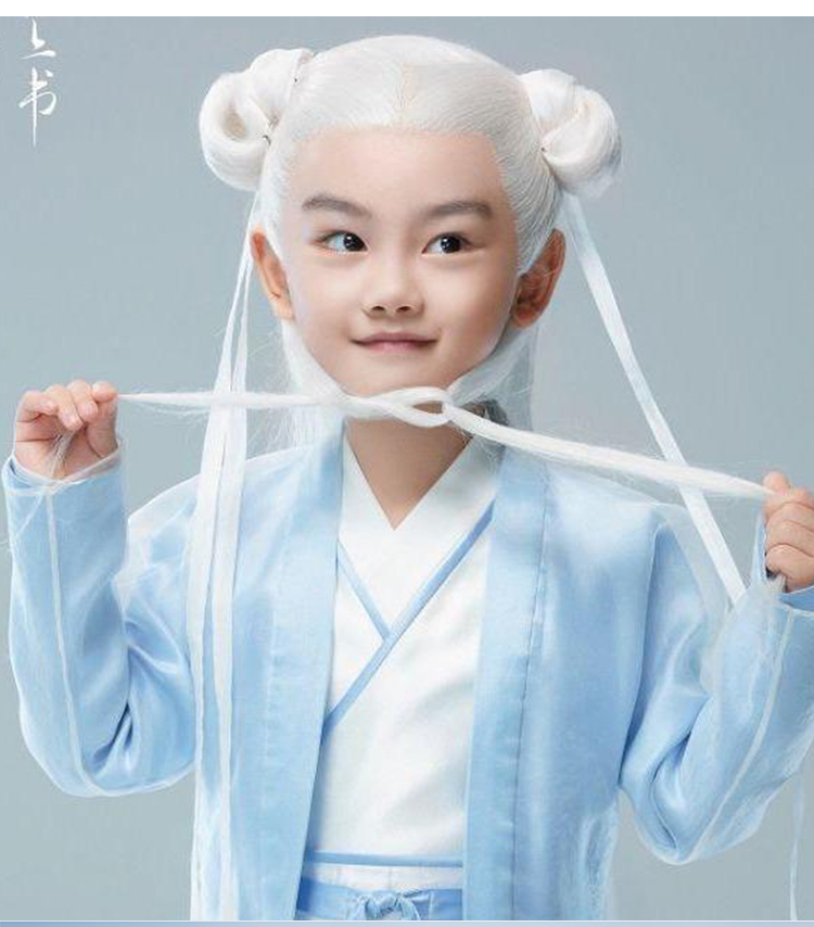 古装汉服假发头套儿童古风发髻丸子头白滚滚同款演出男童头套式 儿童t