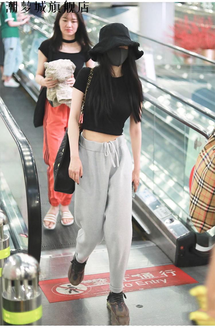 杨幂同款衣服 杨幂同款衣服黑色短款上衣泫雅风高腰露脐紧身短袖t恤女