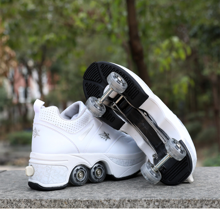 米高男女四轮暴走鞋成年隐形双排轮滑冰溜冰鞋可走可滑有带滑轮的鞋子