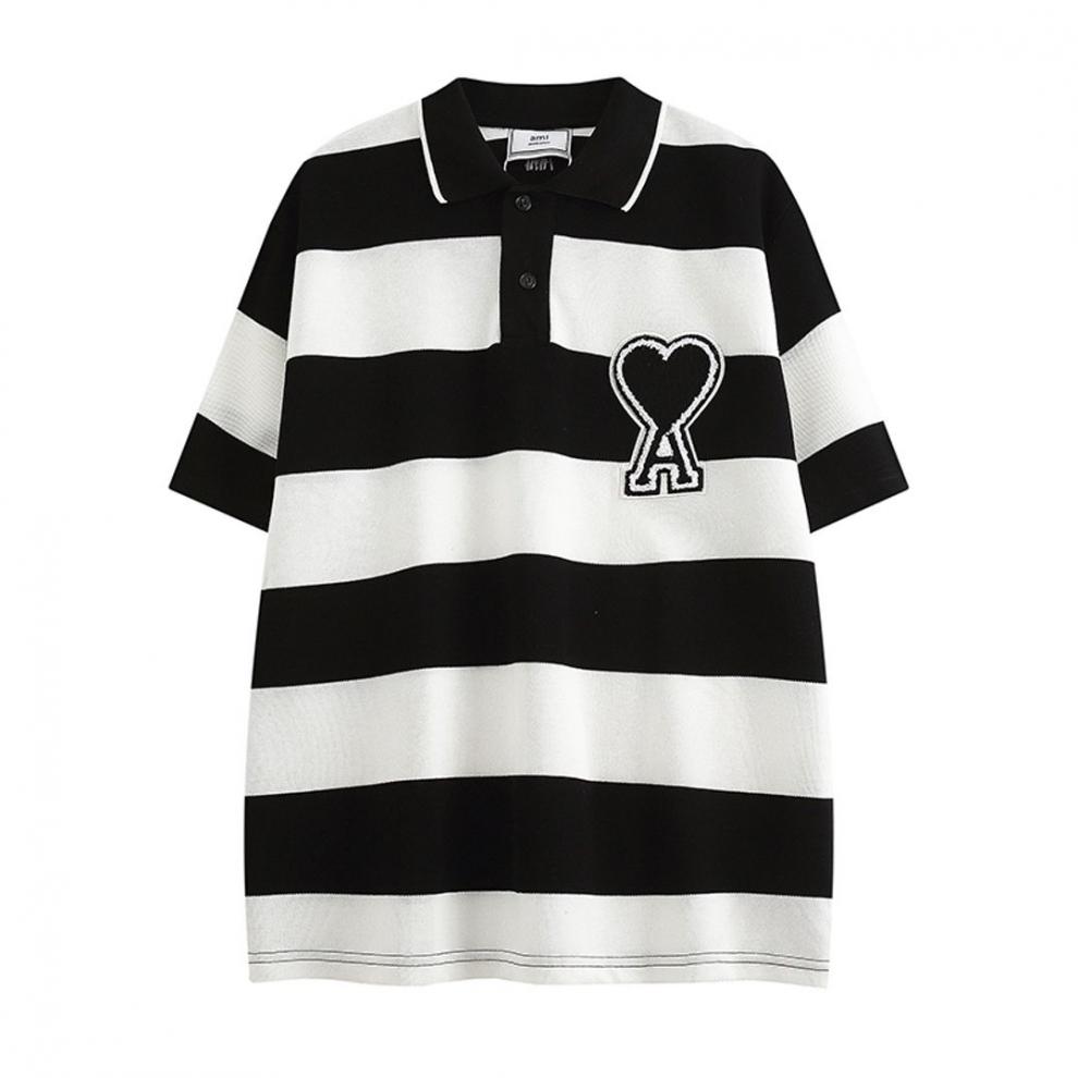 美潮牌ami短袖爱心a贴布刺绣桃心polo条纹半袖宽松情侣男女t恤 黑色