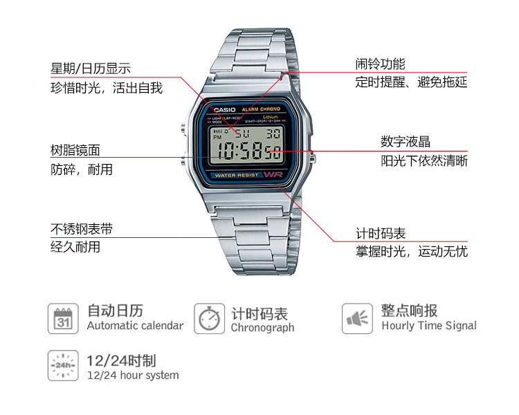 卡·西欧复古小方块潮流男女运动防水学生电子手表男闹铃复古风电子女