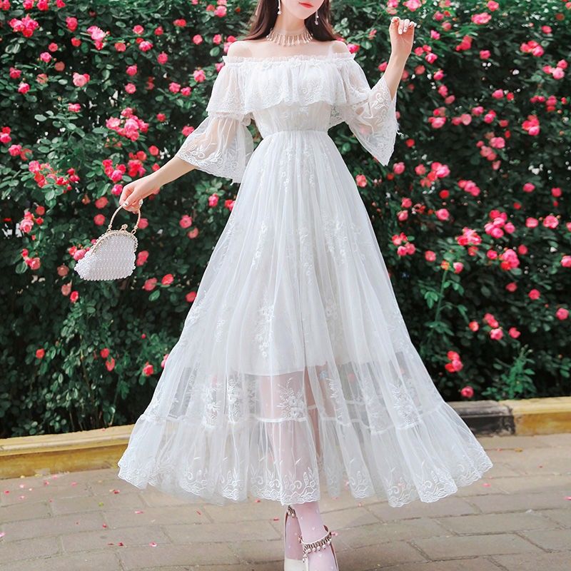 裙夏季甜美一字领露肩刺绣蕾丝显瘦连衣裙女泡泡袖大摆仙女长裙子女