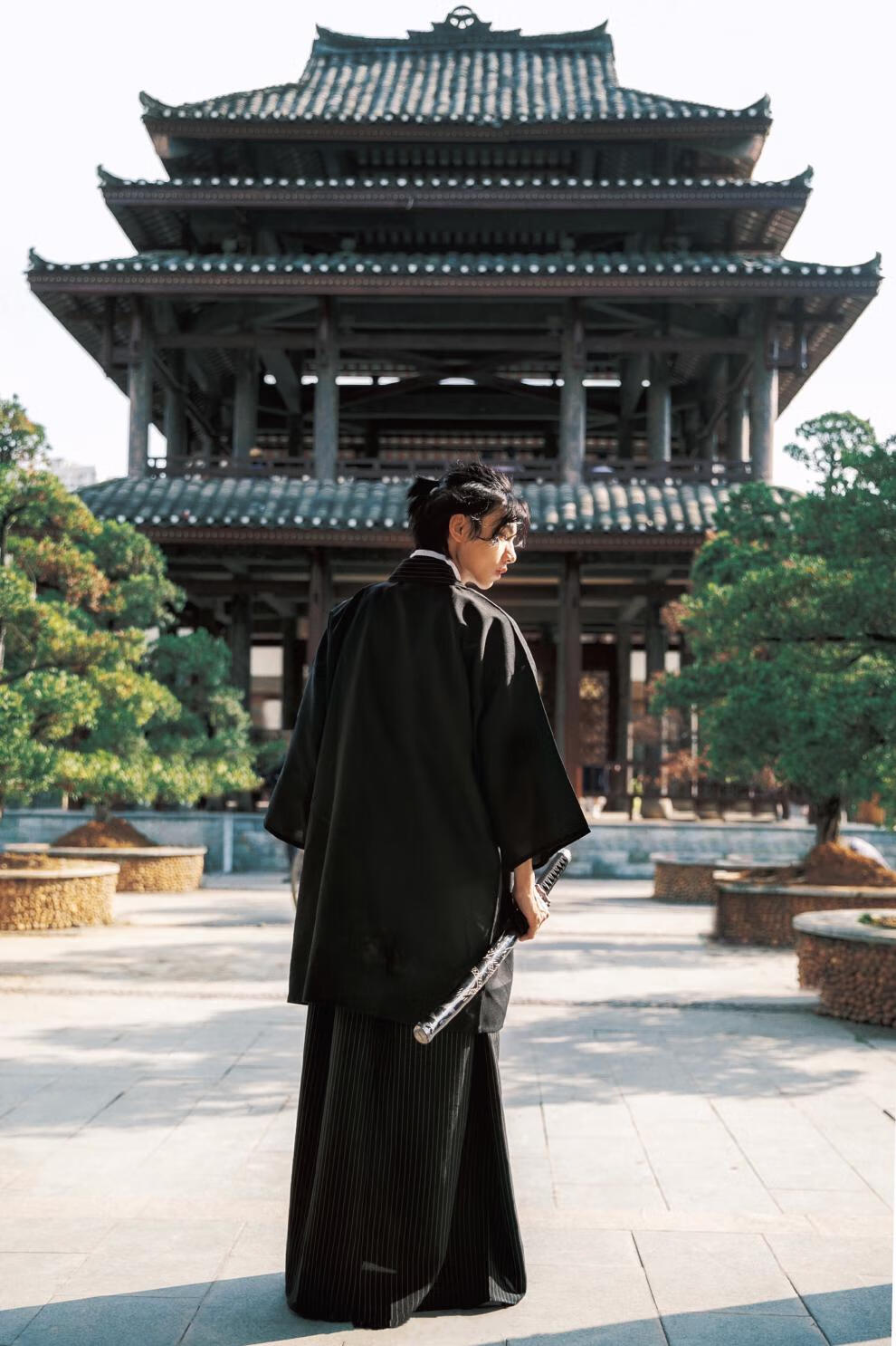 日本和服男正装日式传统服cos服料理店工作服舞台演出服黑色帕孚 米白