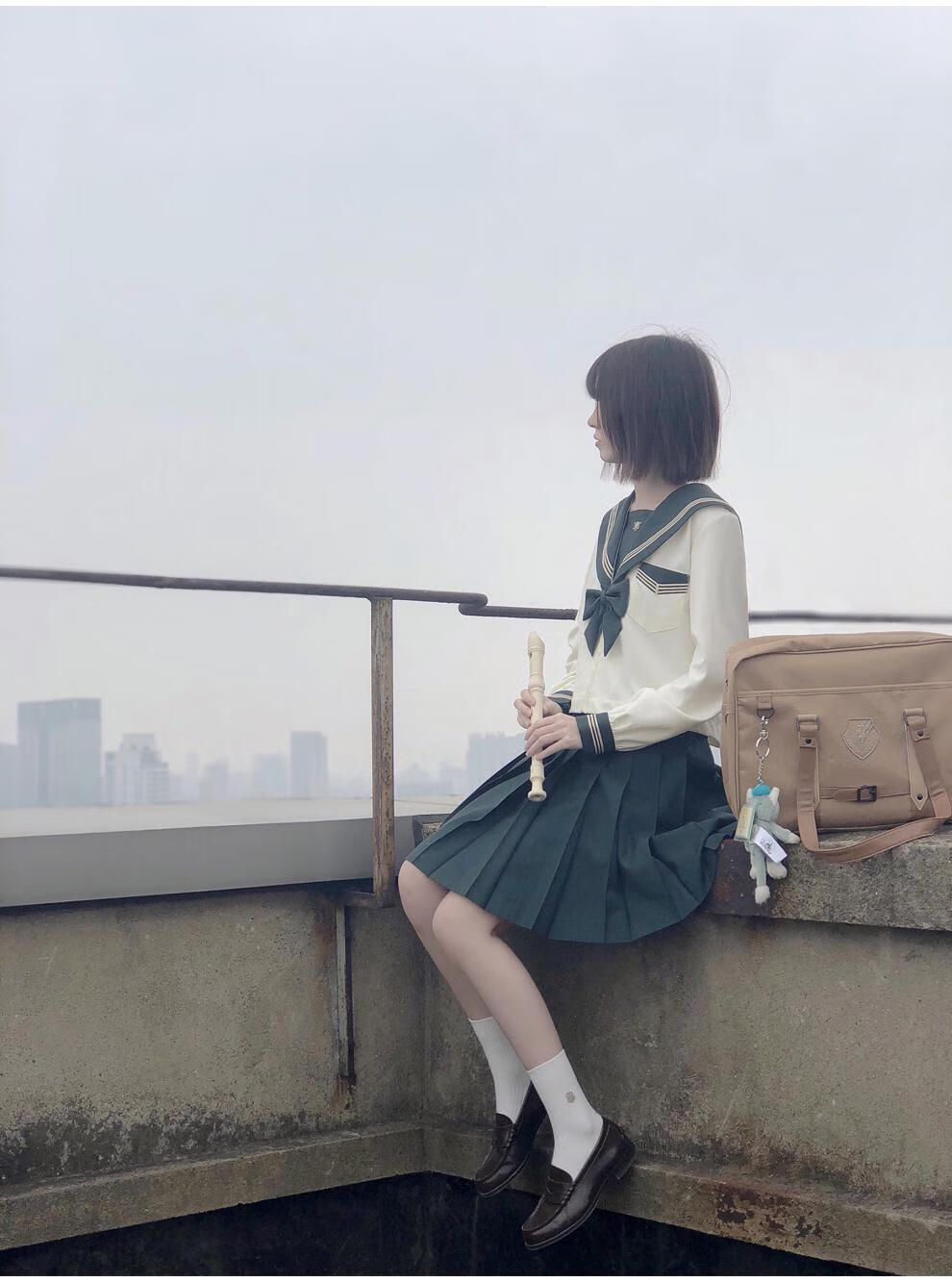 胡桃木jk胡桃木jkjk制服水手服女校供感上衣 墨绿奶白 秋夏 中裙 s