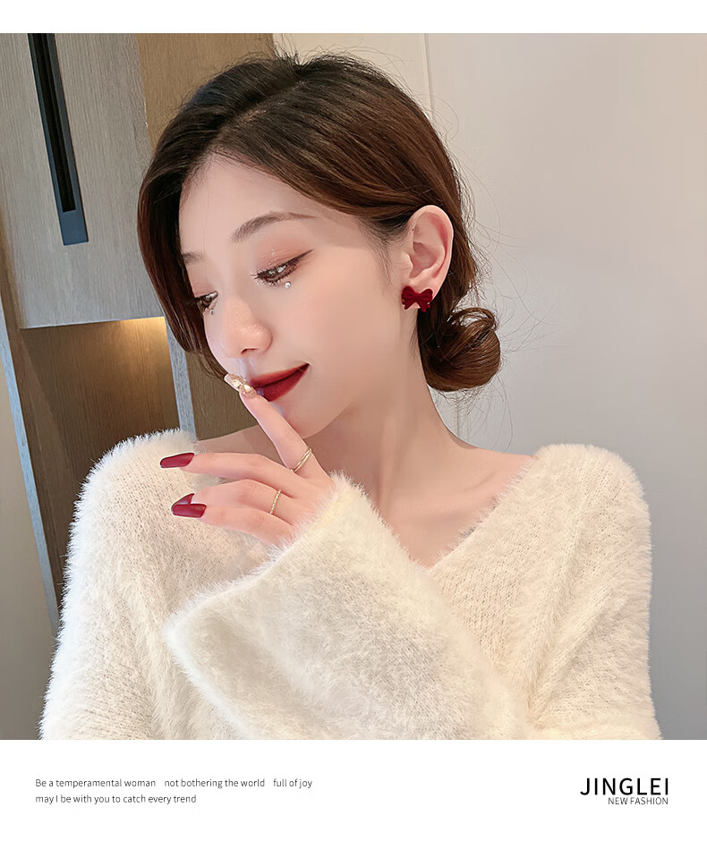 施华洛世奇锆红色蝴蝶结耳钉女秋耳环小巧精致耳饰品七夕情人节礼物送