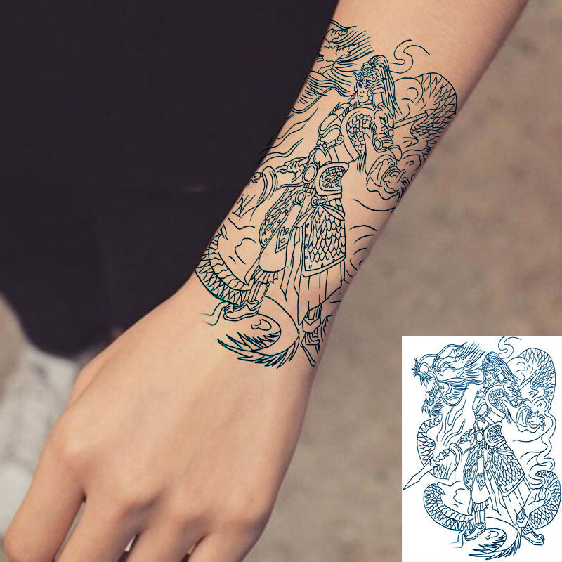 纹身贴花臂割线花臂赵云线条草本果汁刺青色纹身贴花臂小腿手臂赵子龙