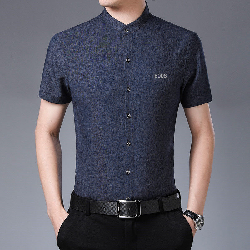 兄弟登 中山装中华立领男青年夏季新品boos男装短袖立领衬衫大码纯色