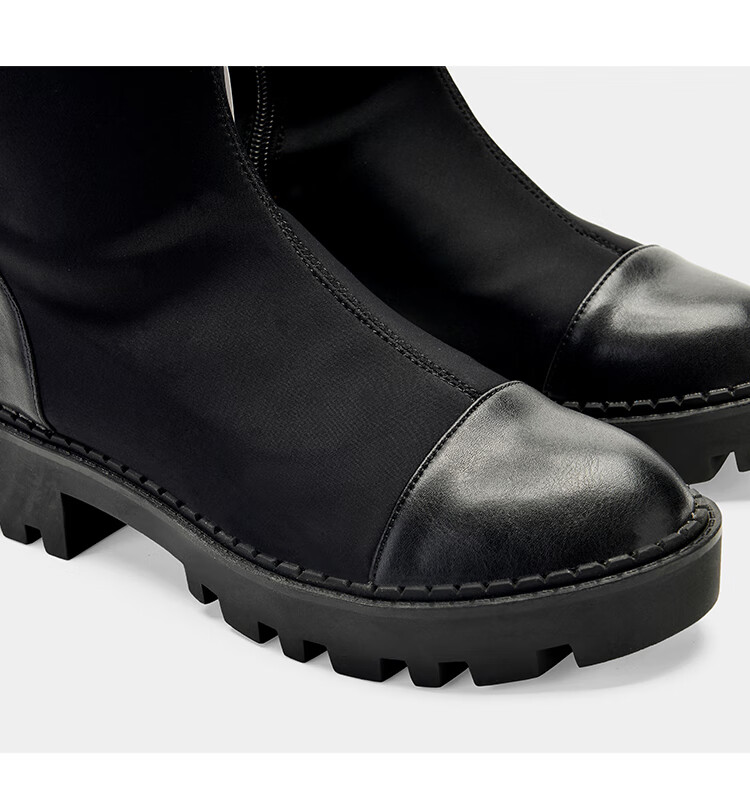 长靴女sw新款女鞋冬季沟纹鞋底平底靴子长靴弹力袜靴靴 黑色(单里) 40