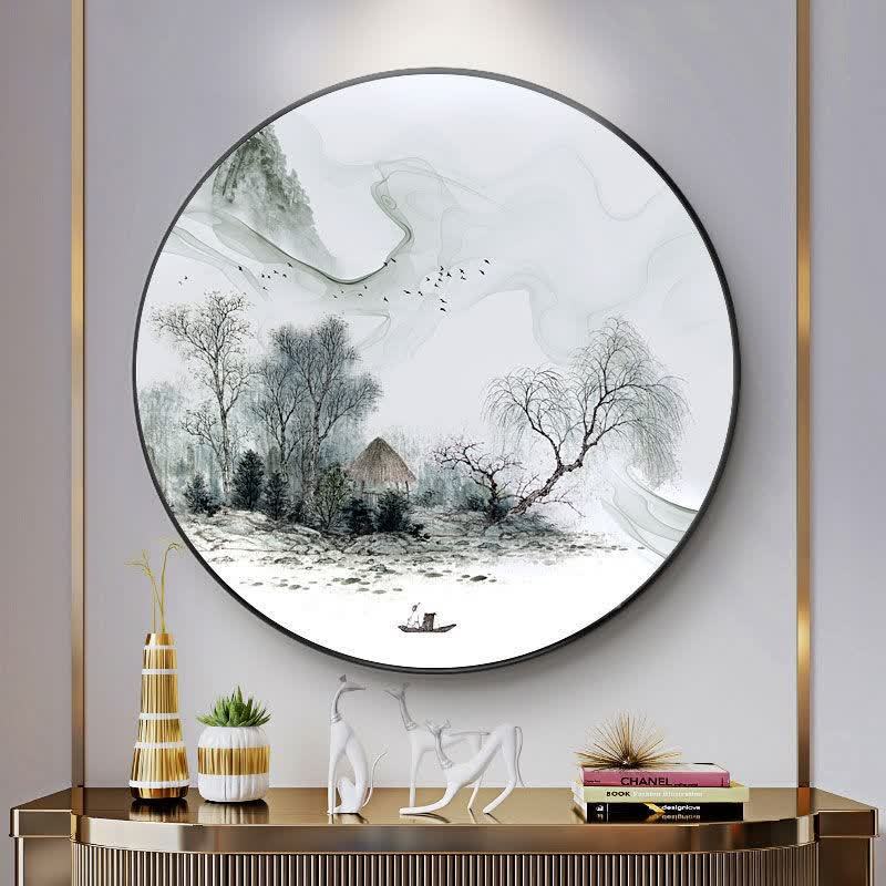 新中式圆形客厅装饰画书房茶室玄关走廊过道餐厅山水水墨晶瓷挂画wz14