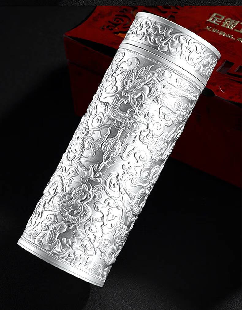 父亲节九龙银杯 九龙银水杯999纯银杯子银离子内胆足银保温杯男士银