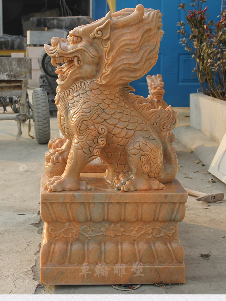 石雕麒麟晚霞红别墅酒店会所门口神兽风水招财貔貅摆件精雕 [爪子款]