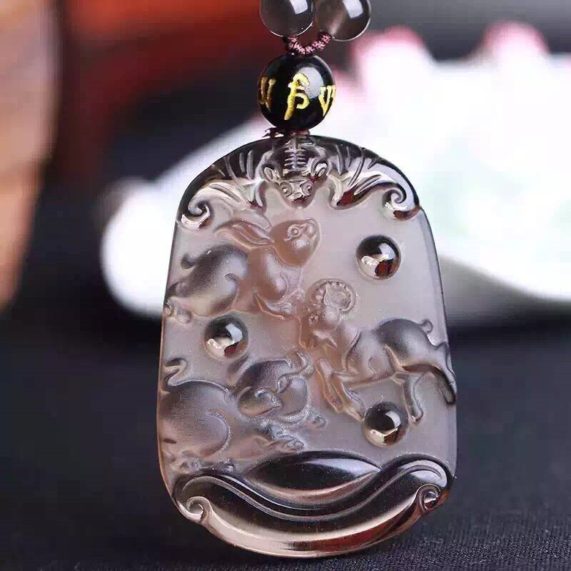 天然冰种黑曜石十二生肖三合吊坠虎马狗猪兔羊蛇鸡牛虎鼠龙情侣款 黑