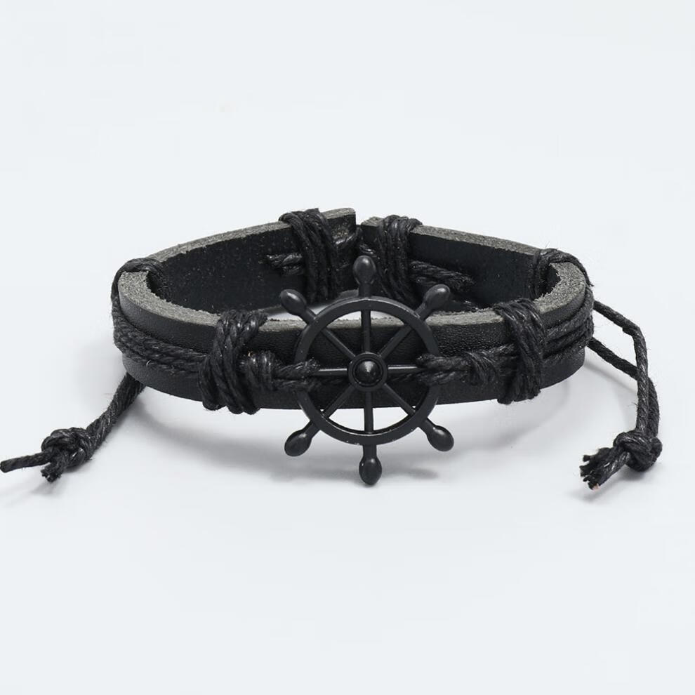 欧莱丝 个性复古编织黑色船舵牛皮手链欧美时尚流行男士手环饰品 棕色