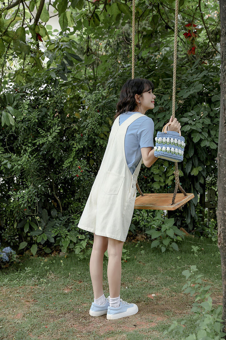 背带短裤女学生韩版宽松白色牛仔背带裤女2022夏新款刺绣五分裤甜美