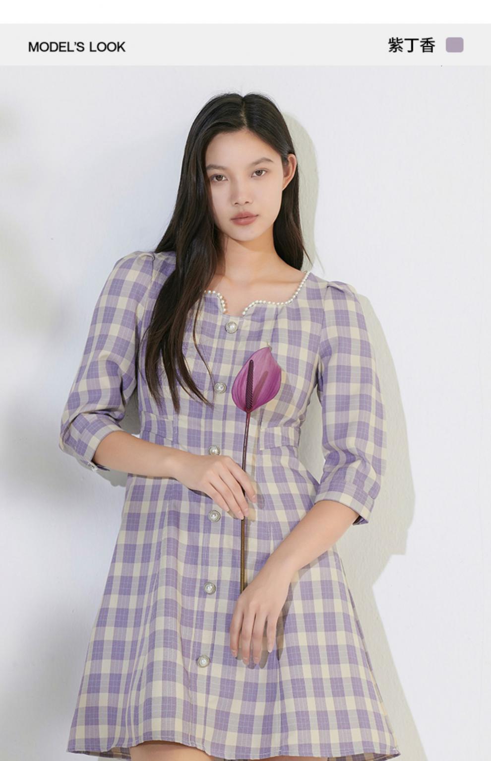 阿依莲2022年秋装新款格子显瘦收腰修身连衣裙法式裙子格纹短裙 紫色