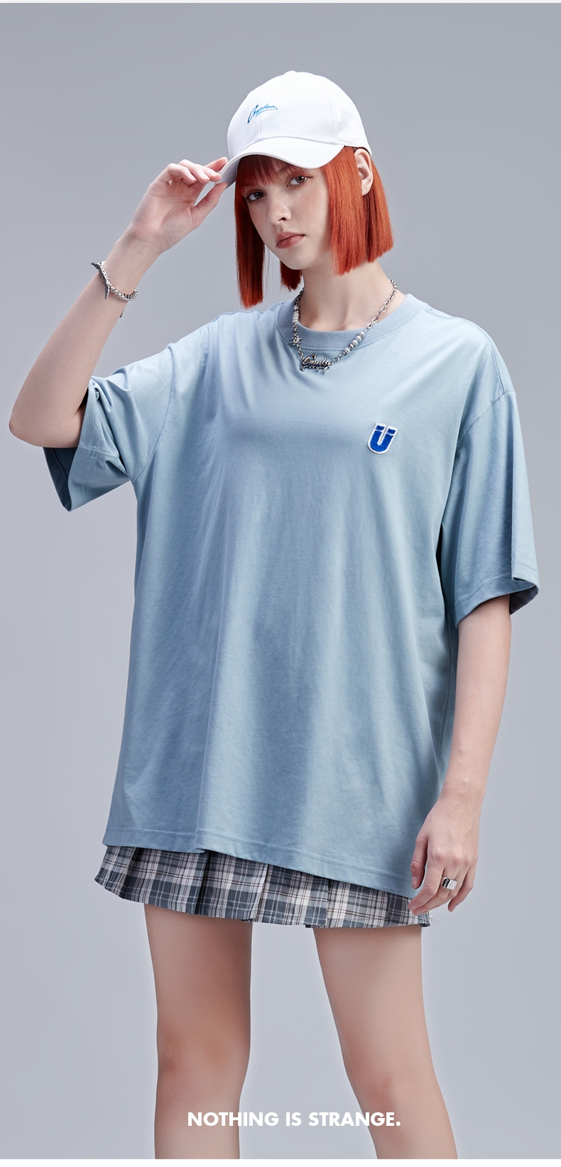 古由卡guuka天空蓝短袖女t恤夏天纯棉情侣嘻哈圆领纯色五分袖运动宽松