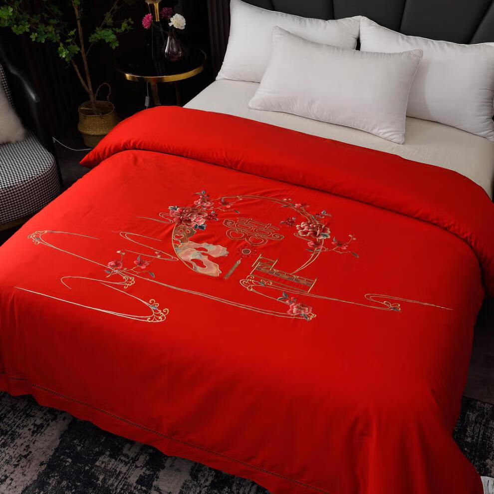 博星娜 陪嫁蚕丝被子 大红婚庆桑蚕丝被可水洗绣花刺绣结婚被芯被子春