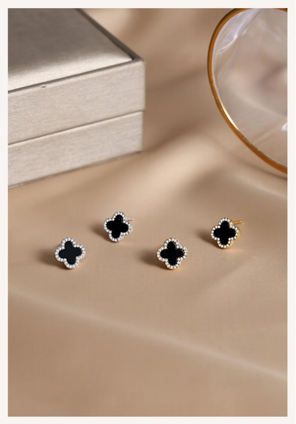 仁尼【刻字】抖音同款s925银黑玛瑙四叶草幸运项链女锁骨链耳钉套装送