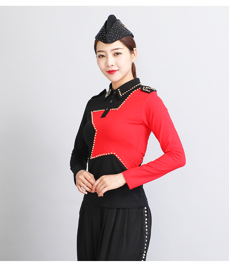 水兵舞服装女长袖2019新款秋季广场舞蹈服翻领上衣演出套装 黑色 拼