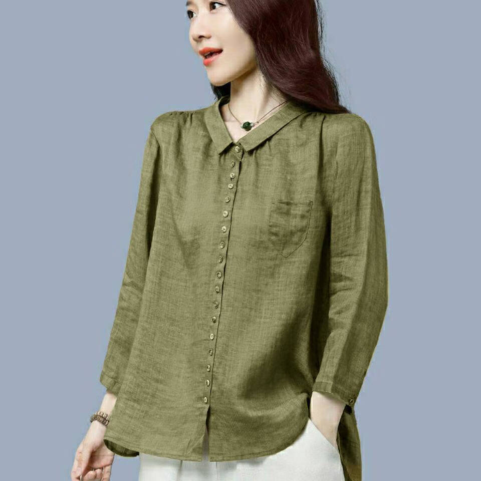 2021亚麻衬衫女装年秋季新款宽松九分袖棉麻苎麻衬衣女士女生打底显瘦