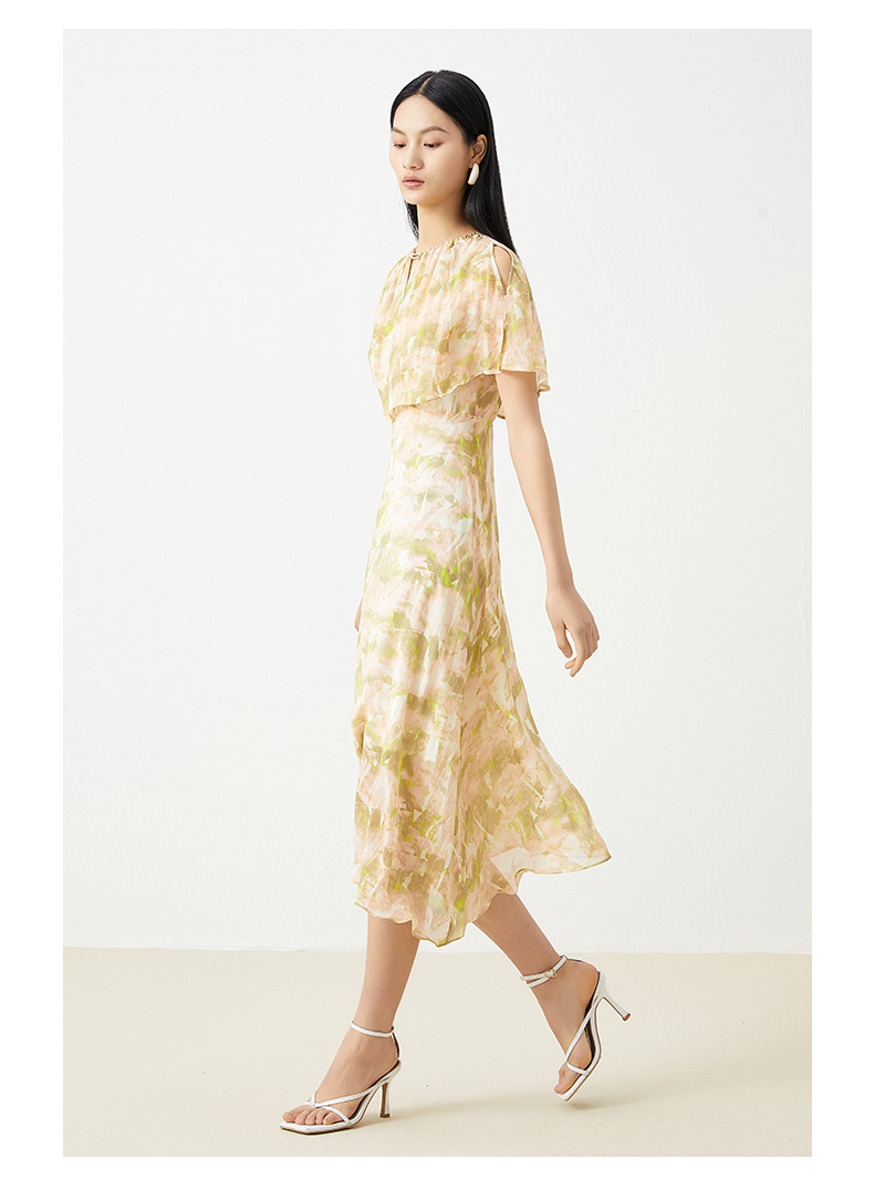 佧茜文真丝连衣裙2022年夏季新款女装披肩式抽褶高腰长裙子 海棠粉 s