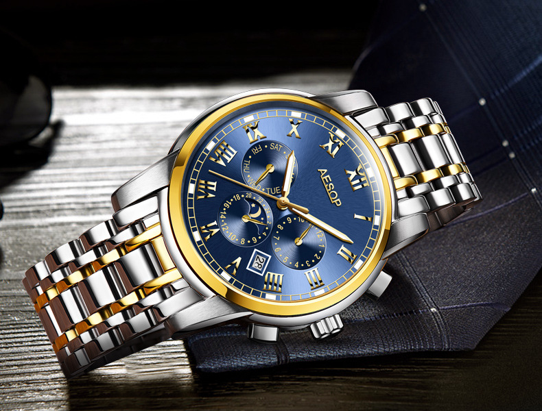 aesop伊索商务手表男士数字夜光防水机械表型号 间金蓝面【图片 价格