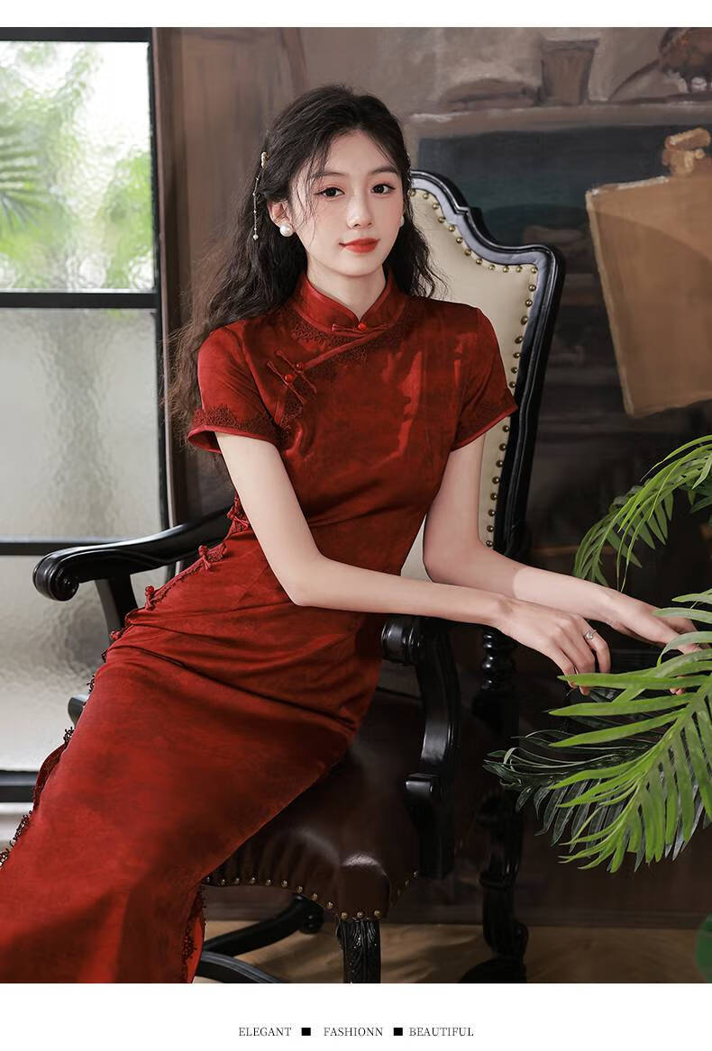 俞兆林酒红色敬酒服旗袍2022新款夏季高端新娘结婚回门礼服女感长款