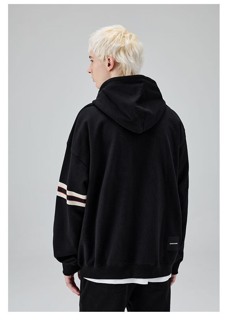 climax vision袖子织带条纹拼接拉链开衫连帽卫衣情侣帽衫外套 黑色 s