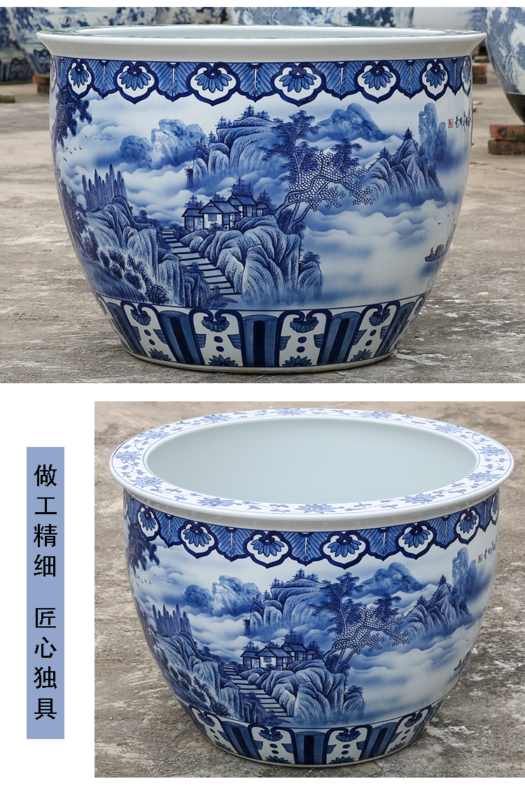 瓷工宅景德镇手绘青花瓷鱼缸客厅阳台落地大缸室外鱼缸庭院大水缸荷花