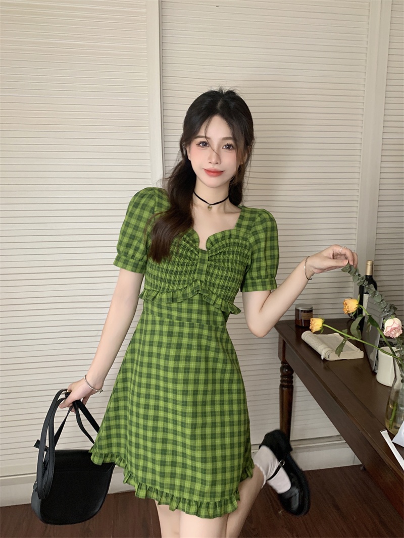 pbmr显白绿色格子短袖连衣裙女法式方领收腰显瘦a字裙 绿色格子-长款