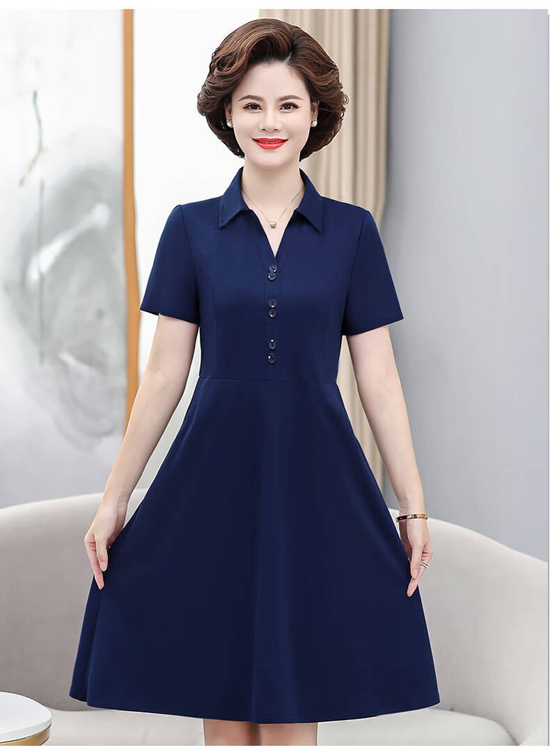 带领的中老年人连衣裙子夏季新款妈妈短袖2022气质40岁50矮小个子女有
