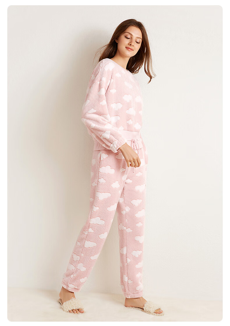 曼妮芬圆领长袖长裤睡衣睡裤套装女士休闲家居服20320490100粉色170